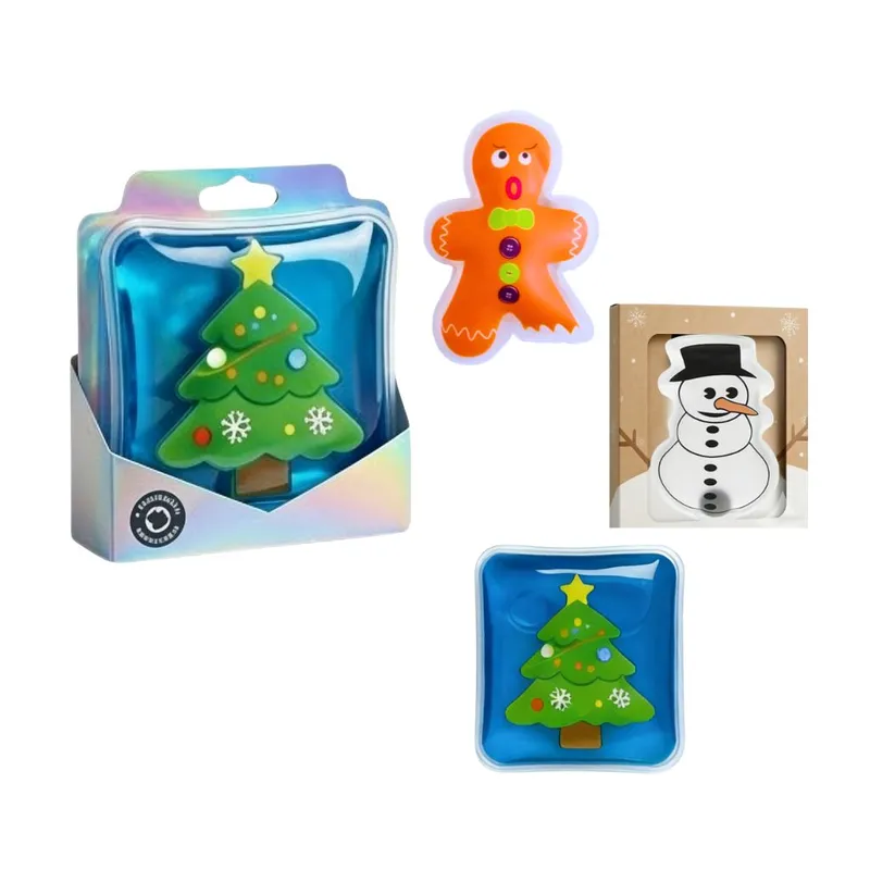 Snowman & Christmas tree & Gingerbread man shaped reusable self-heating gel pack, click to activate instant heat for winter holidays and cold weather.