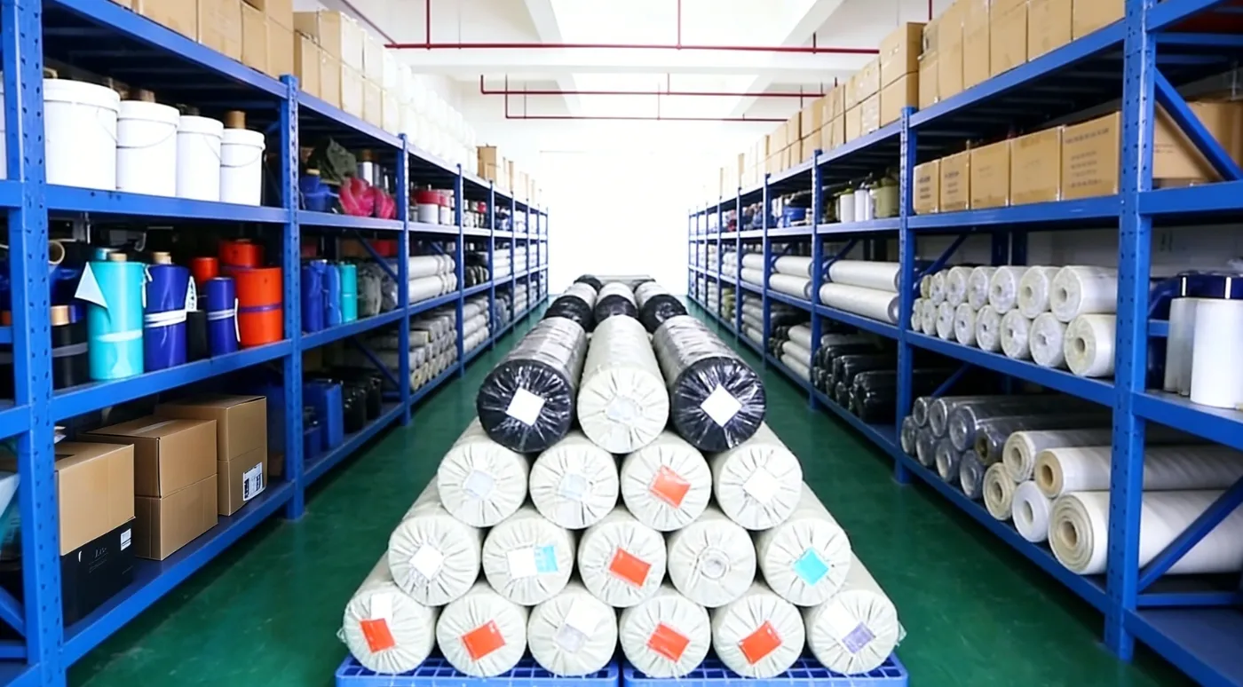 Organized raw material warehouse for gel ice packs with strict inventory management and safety standards.