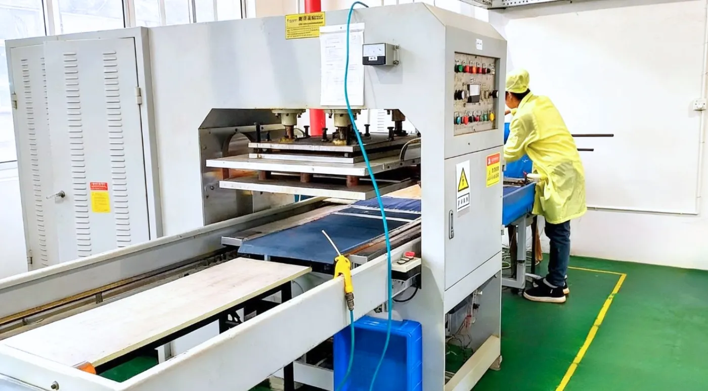 High-frequency welding machine in operation for precise and leak-proof sealing of medical-grade gel packs.