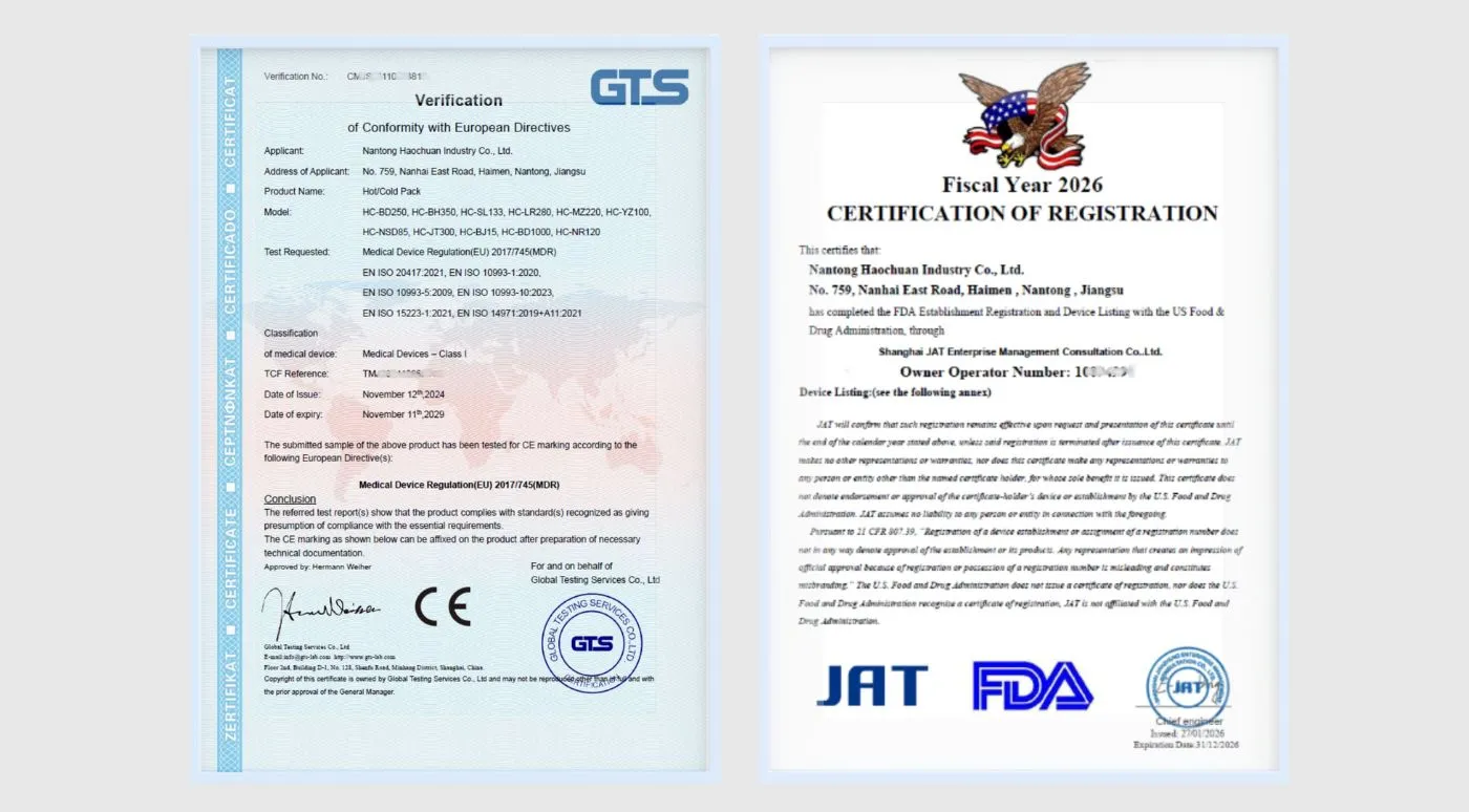 Multicares FDA Registered Facility for Professional Hot Cold Therapy Supplies & CE Certified Hot and Cold Packs for EU Market Compliance.