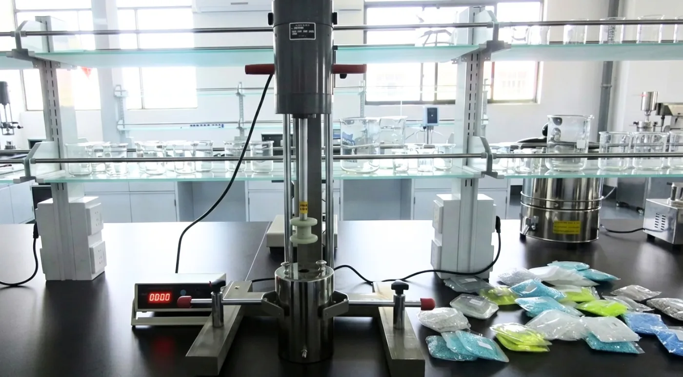 Internal factory testing lab for rigorous quality and performance evaluation of hot cold gel products.