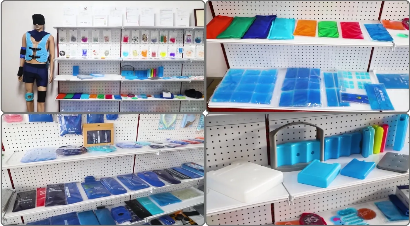 Comprehensive product showroom at our China factory displaying various styles of cold and hot therapy wraps.