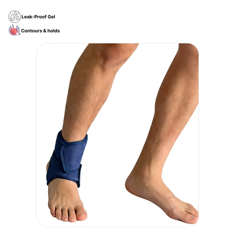 Solid-Flex™ ankle compression ice wrap for sprain recovery and hot cold therapy, featuring leak-proof solid gel technology.