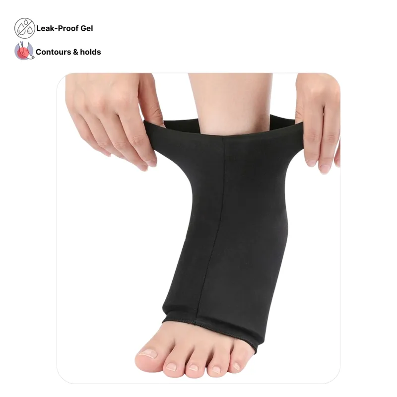Solid-Flex™ ankle gel compression sleeve for sprained ankle and tendonitis relief, providing 360-degree cold therapy.