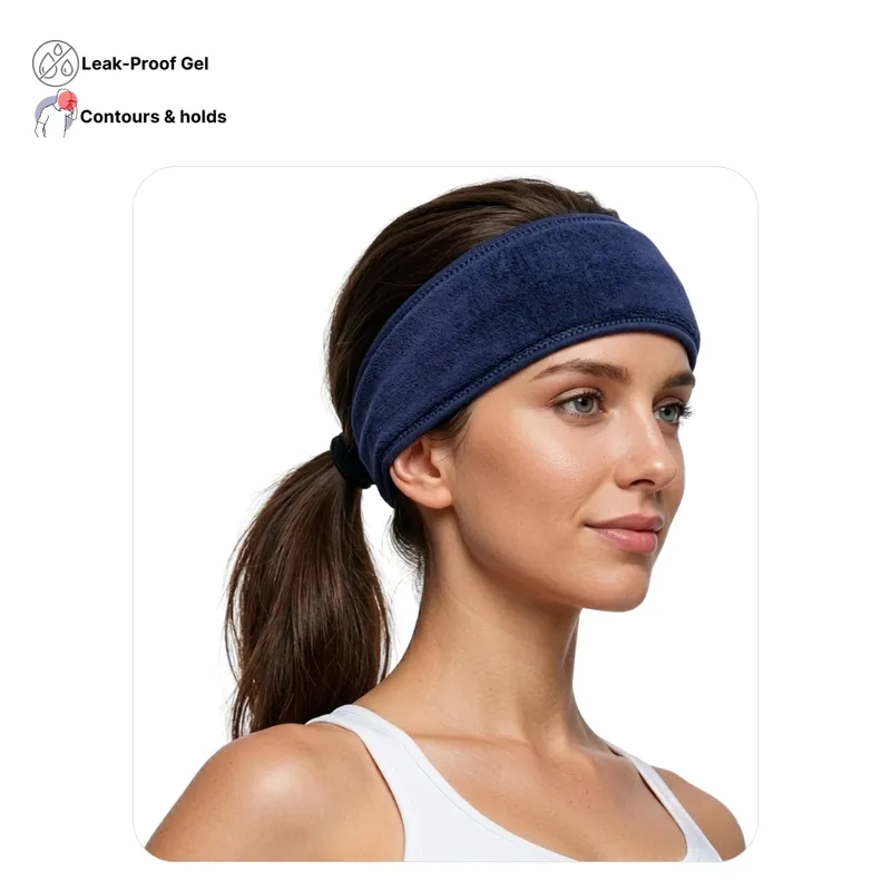 Solid-Flex™ gel head therapy wrap with adjustable strap for forehead cooling and headache relief, featuring non-toxic solid gel.