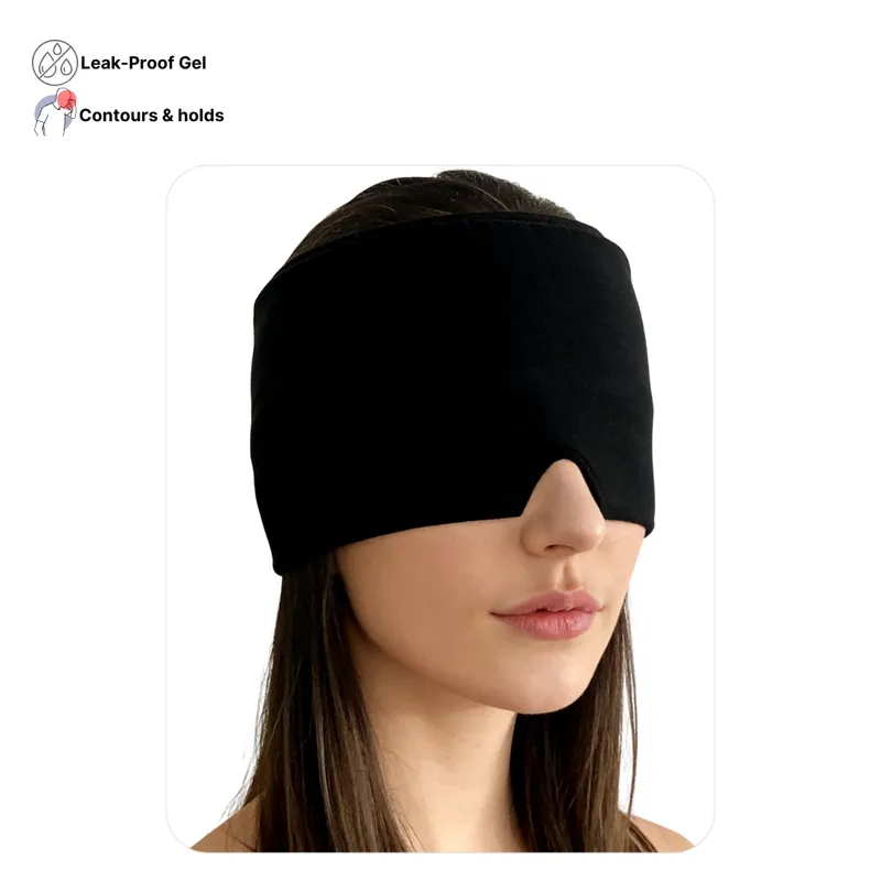 Professional cold compression therapy cap for migraine, sinus pain, and stress relief with light-blocking design