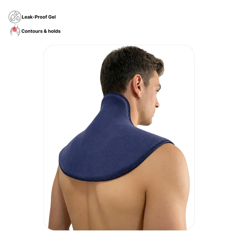 Contoured neck heating cooling pad by Solid-Flex™, featuring flexible solid gel pack around the cervical area.