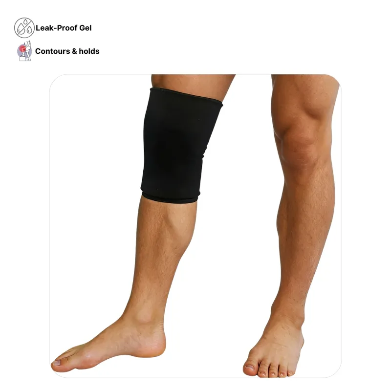 Solid-Flex™ knee compression ice sleeve for meniscus tear and ACL recovery, featuring 360-degree solid gel coverage.