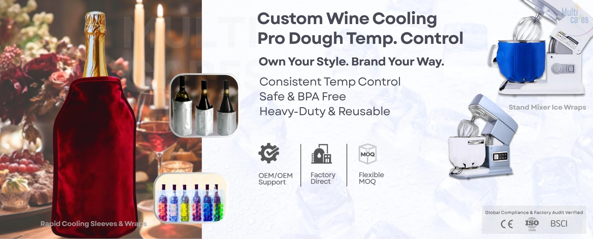 Custom wine cooling sleeves and professional dough temperature control ice wraps for bakery and home use by Multicares 